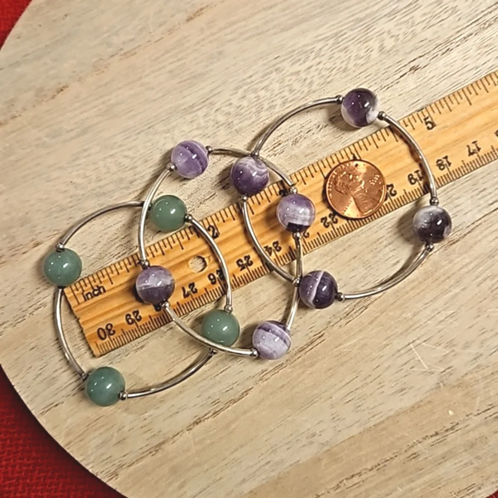 3 pc.stretchy silvertone glass faux gemstone bracelets green purple STACK 'EM! - Picture 3 of 4